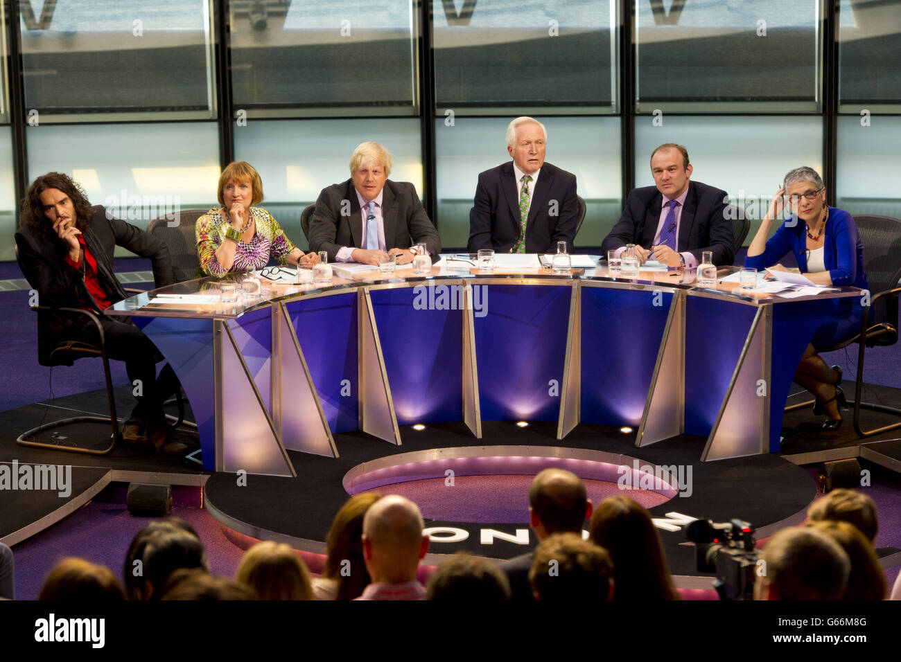 (left to right) The panel, Russell Brand, Labour MP Tessa Jowell, Mayor of London Boris Johnson, host David Dimbleby, Energy and Climate Change Secretary Ed Davey and writer Melanie Phillips, during the filming of Question Time, at City Hall in London. Stock Photo