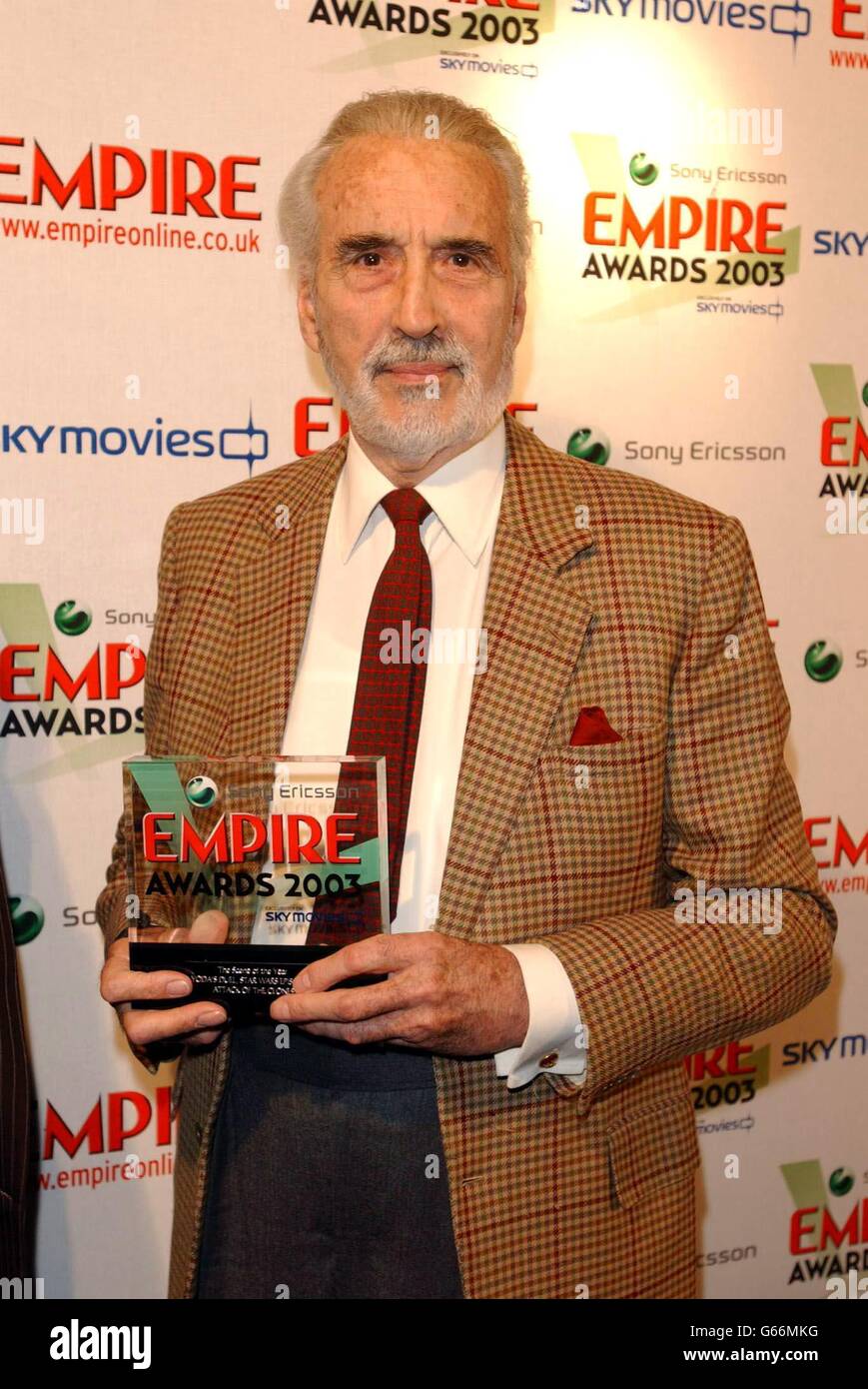 Actor Christopher Lee with his Best Scene award for Yoda's Duel/ Star Wars Episode II: Attack Of The Clones, during the Empire Film Awards at The Dorchester Hotel in London. Stock Photo