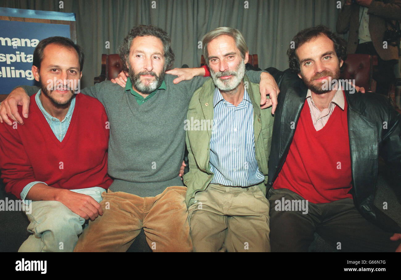 The CBS television news crew giving a news conference at the Humana Wellington Hospital where the four are being treated. Left to right, Juan Caldera, Peter Bluff, Bob Simon and Roberto Alvarez. Stock Photo