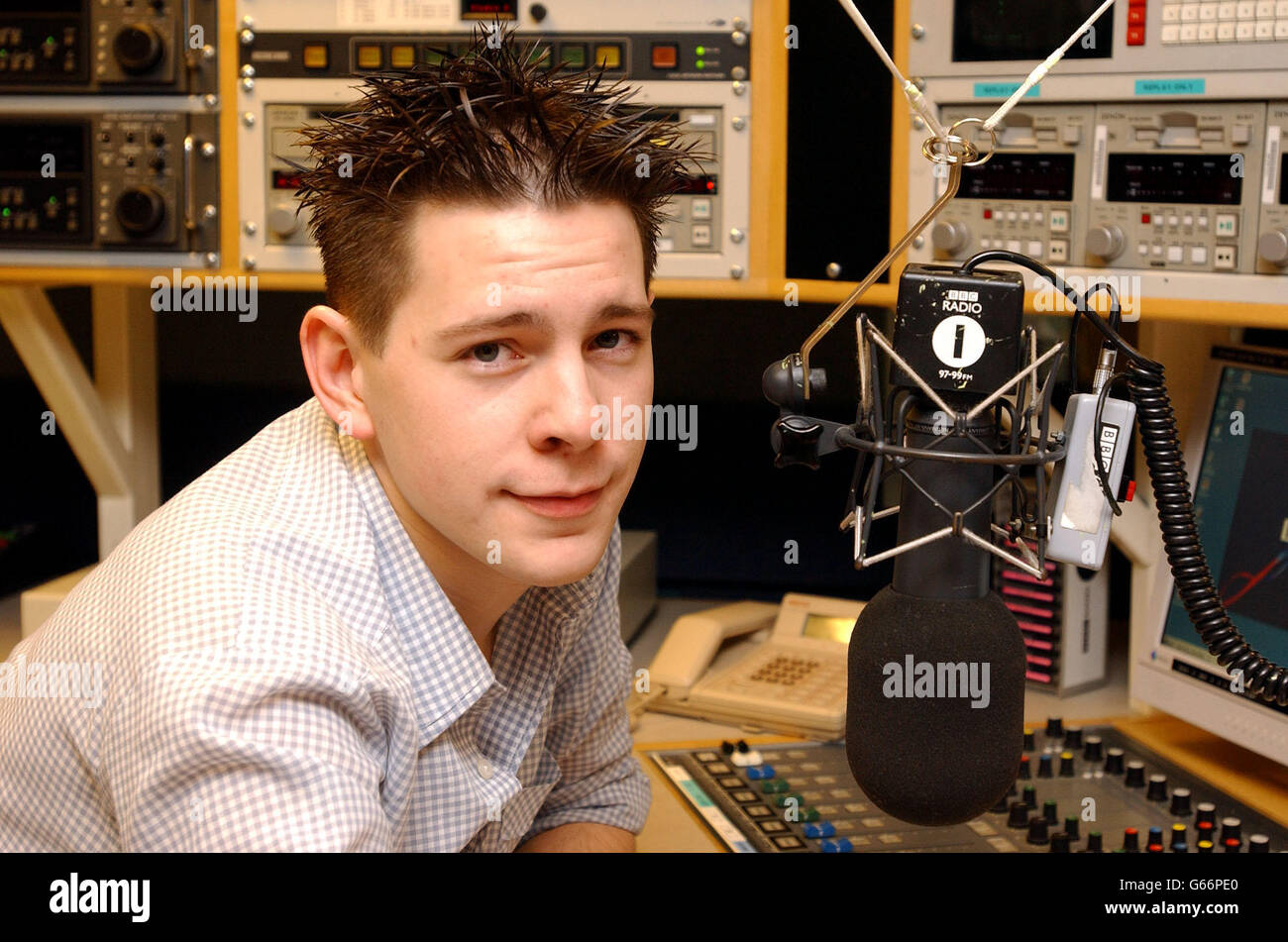 The new Radio 1 Chart DJ, Wes (Wes Butters) in the Radio 1 studio in  Yalding House, just of Great Portland Street in London. Wes has joined Radio  1 from Galaxy 105-106