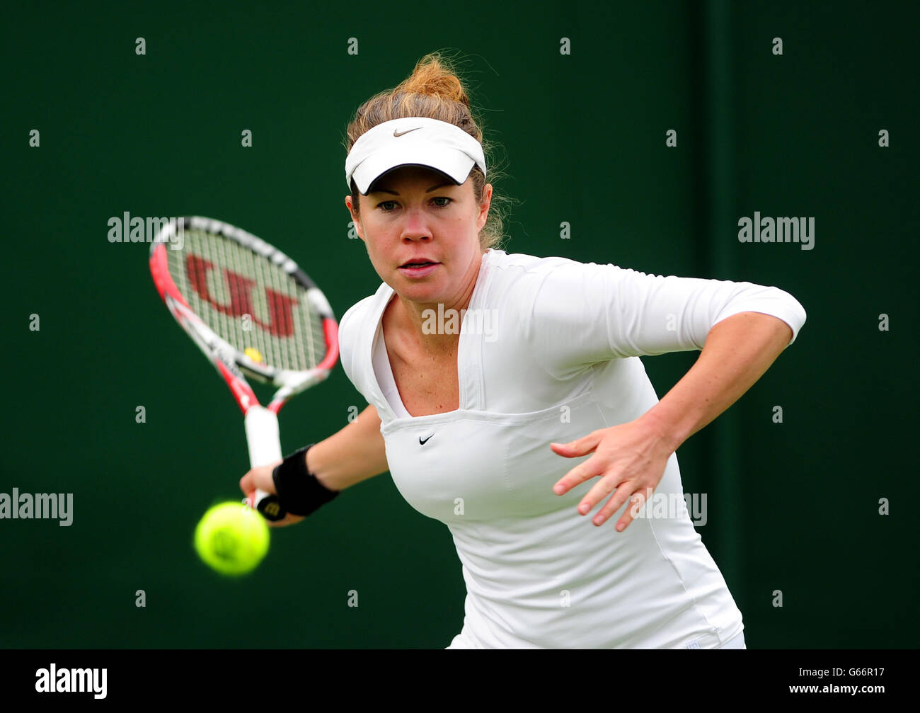 Czech Republic's Eva Birnerova in action against USA's Varvara Lepchenko Stock Photo