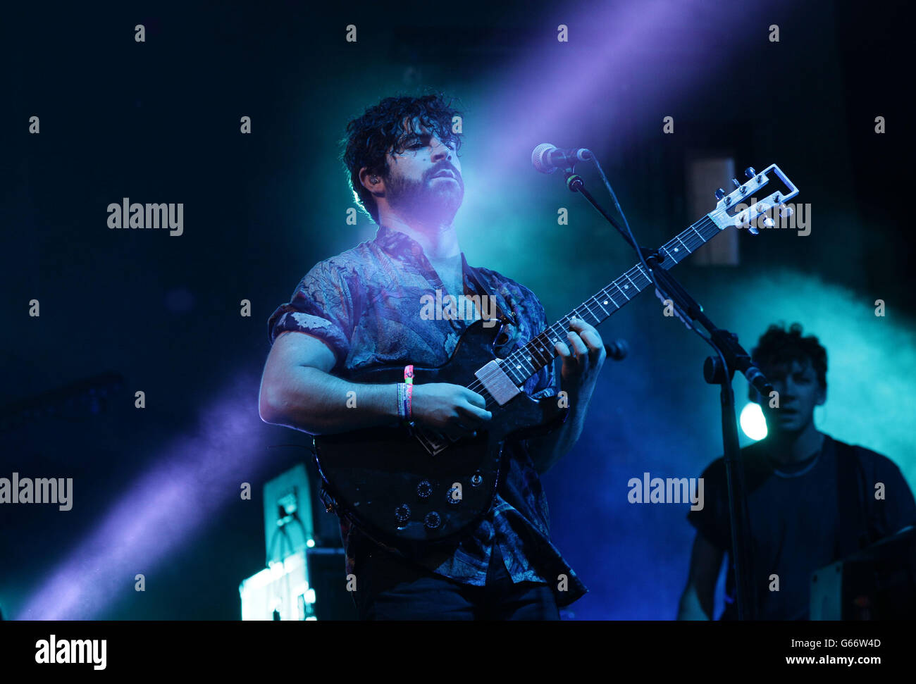 Yannis Philippakis of Foals performing on the Other Stage, during the first performance day of the Glastonbury 2013 Festival of Contemporary Performing Arts at Pilton Farm, Somerset. Stock Photo