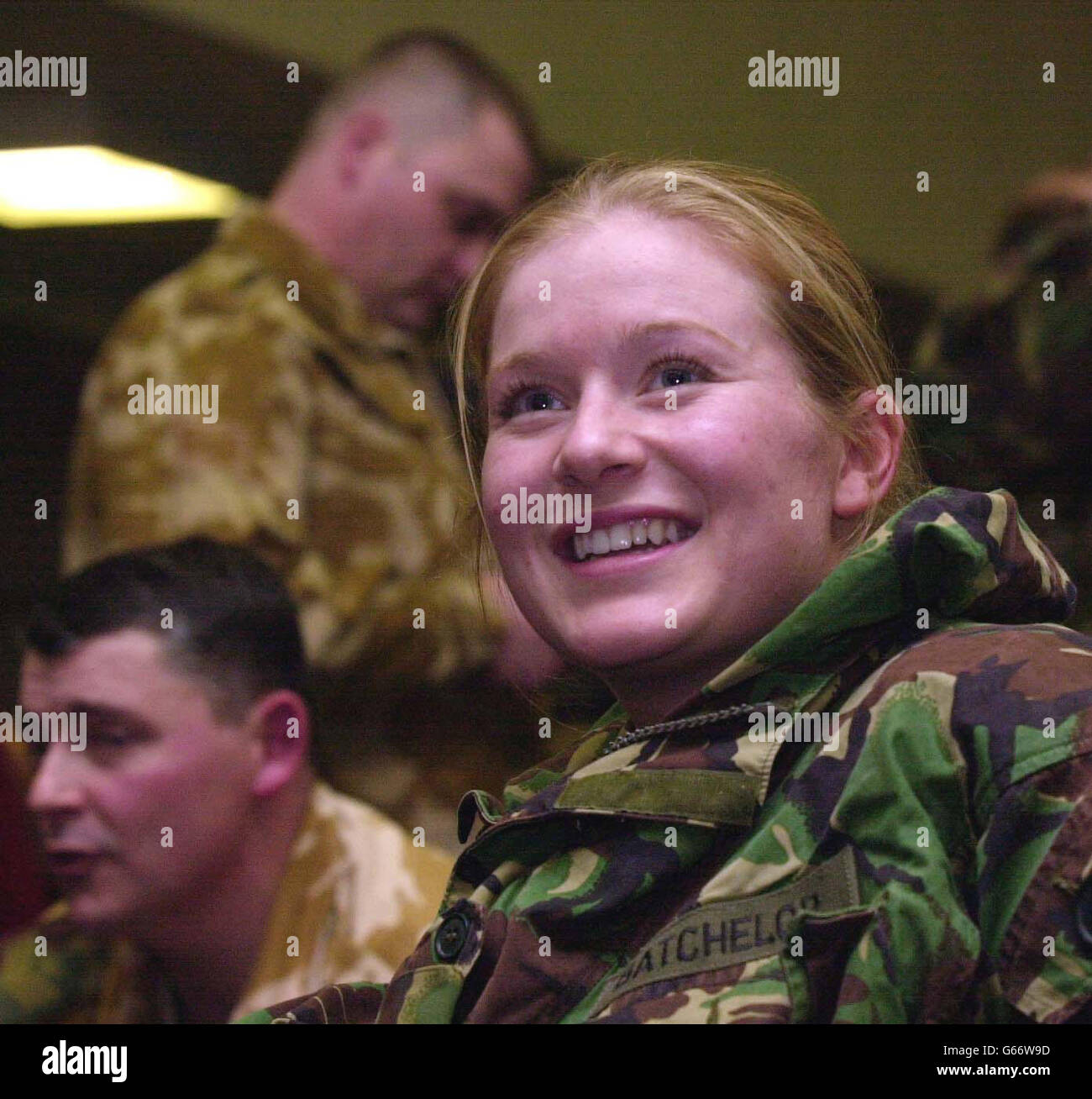 Sgt Kelly Batchelor, 24, from Eastbourne, waits with other soldiers, including members of 16 Air Assault Brigade, in a departure lounge at RAF Brize Norton in Oxfordshire before heading for the Gulf aboard a Tristar passenger aircraft. * They will be joining British forces in the region deployed ahead of possible military action againgst Iraq. Stock Photo