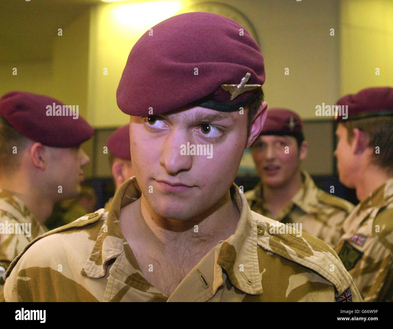Private Daniel Tearle, 20, from Leighton Buzzard waits with other soldiers, including members of 16 Air Assault Brigade, in a departure lounge at RAF Brize Norton in Oxfordshire before heading for the Gulf aboard a Tristar passenger aircraft. * They will be joining British forces in the region deployed ahead of possible military action againgst Iraq. Stock Photo