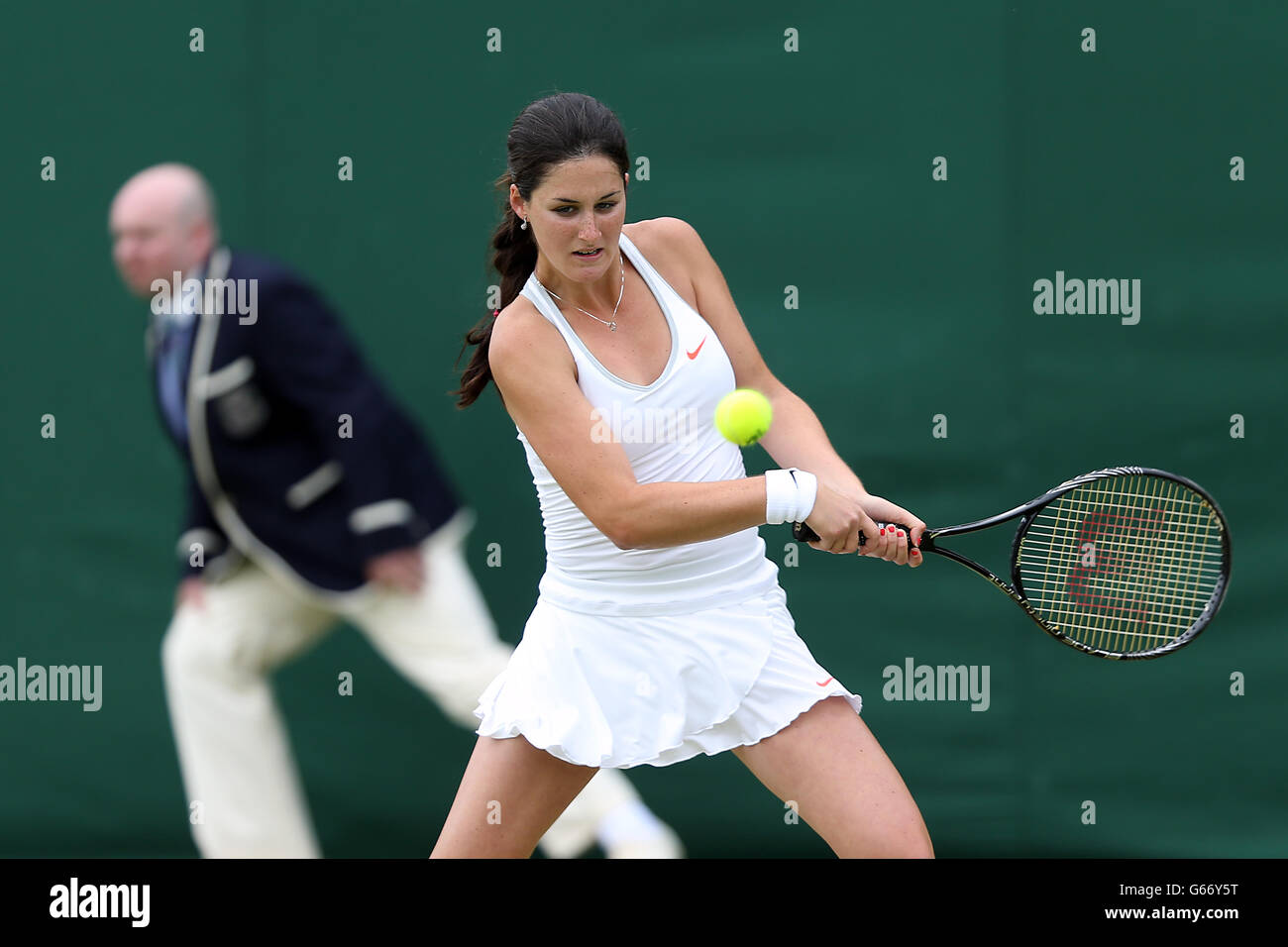 USA's Jamie Loeb in action against Paraguay's Camila Giangreco Campiz during day eight of Wimbledon held at The All England Lawn Tennis and Croquet Club Stock Photo