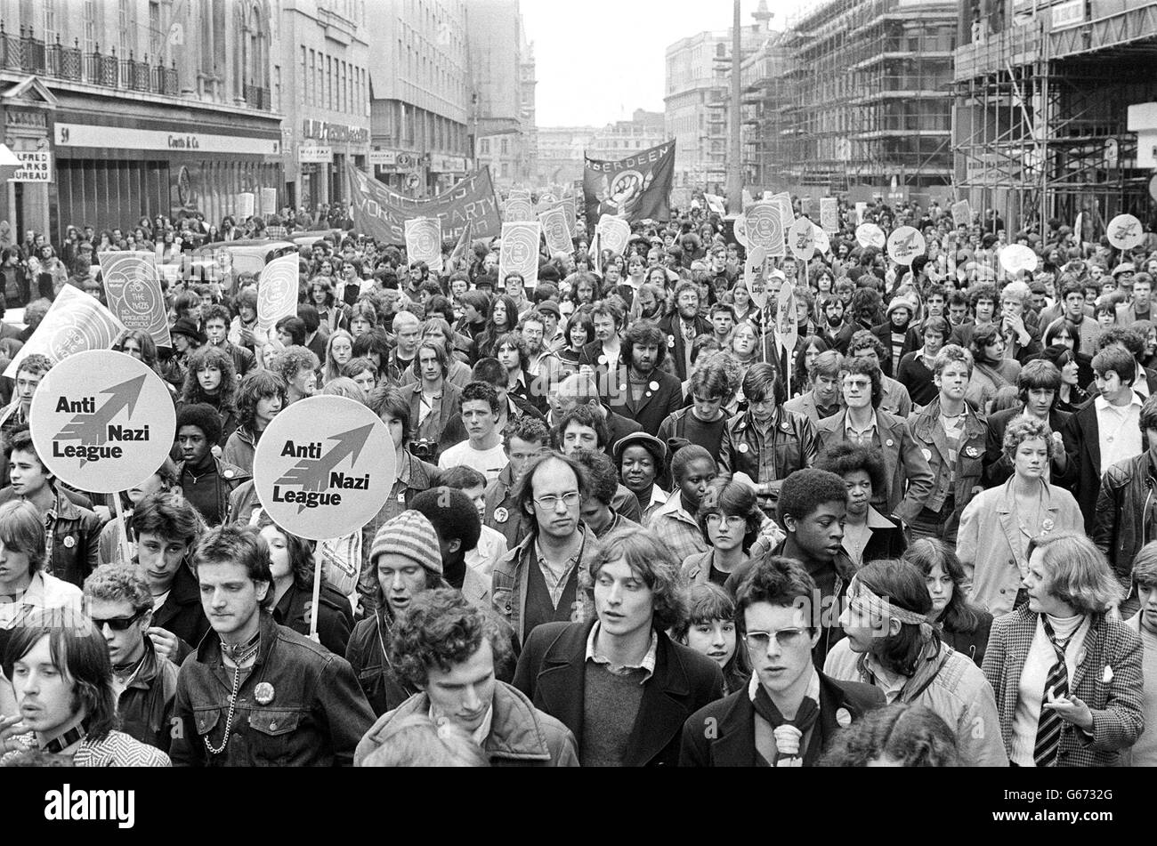 A massive column of demonstrators occupying the full width of the Strand after the start of a procession from Trafalgar Square to Hackney's Victoria Park in a 'Carnival Against the Nazis' organised jointly by the Anti-Nazi League and Rock Against Racism. Stock Photo