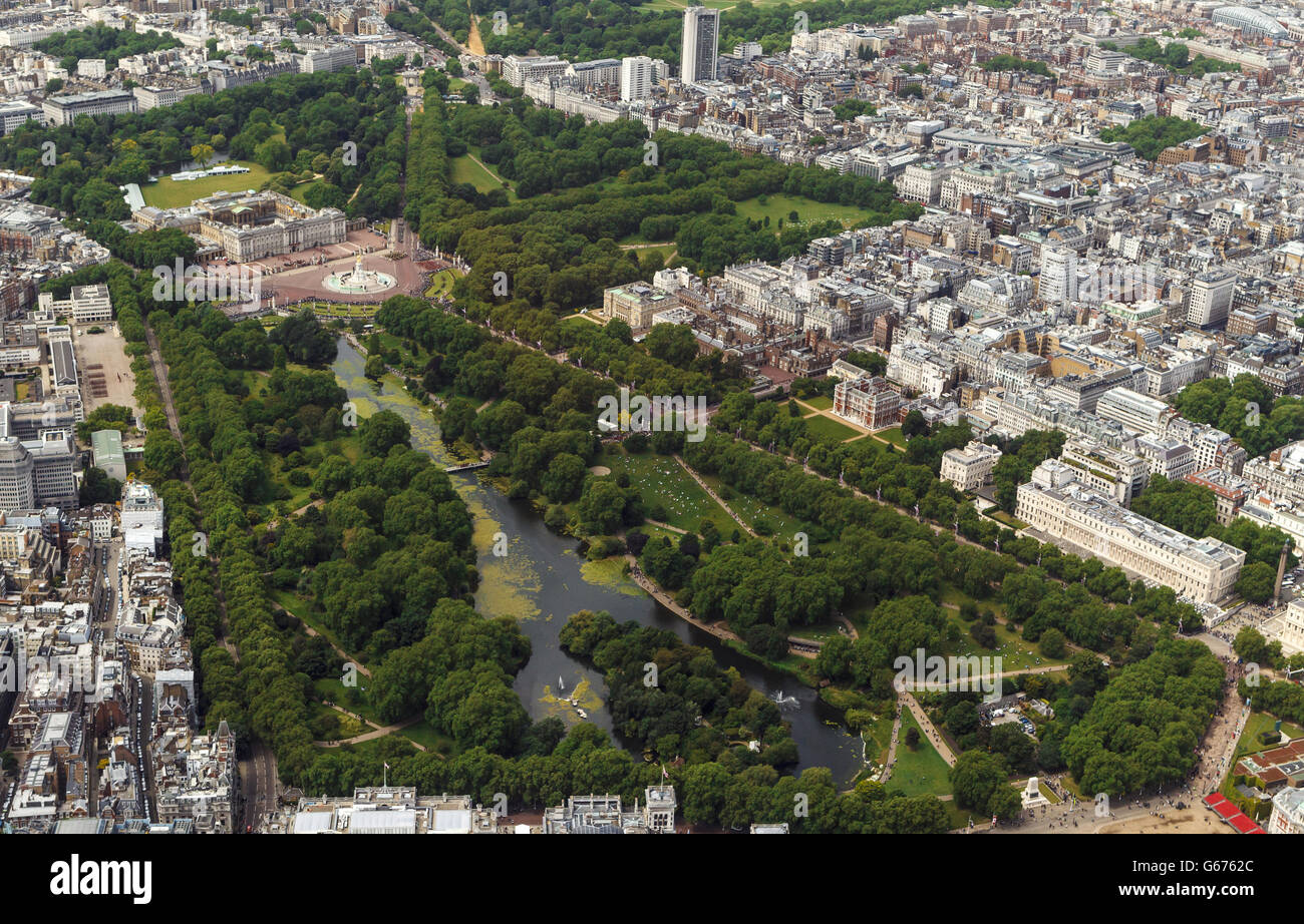An aerial view of Buckingham Palace in London during the Trooping of the Colour. Also, St James's Park (nearest camera) and Green Park (top, right). Stock Photo
