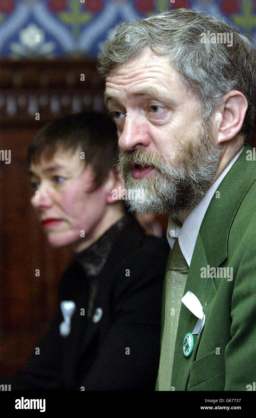 Left-wing Labour MP for Islington North Jeremy Corbyn (right) chairs a press conference for the 'Don't Attack Iraq' coalition, with CND's Carol Naughton (left), at The House of Commons in London. * The organisers of the anti-war march due to be held in Central London next Saturday are expecting in excess of half a million people to call upon the Government not to join a US led attack on Iraq. Stock Photo