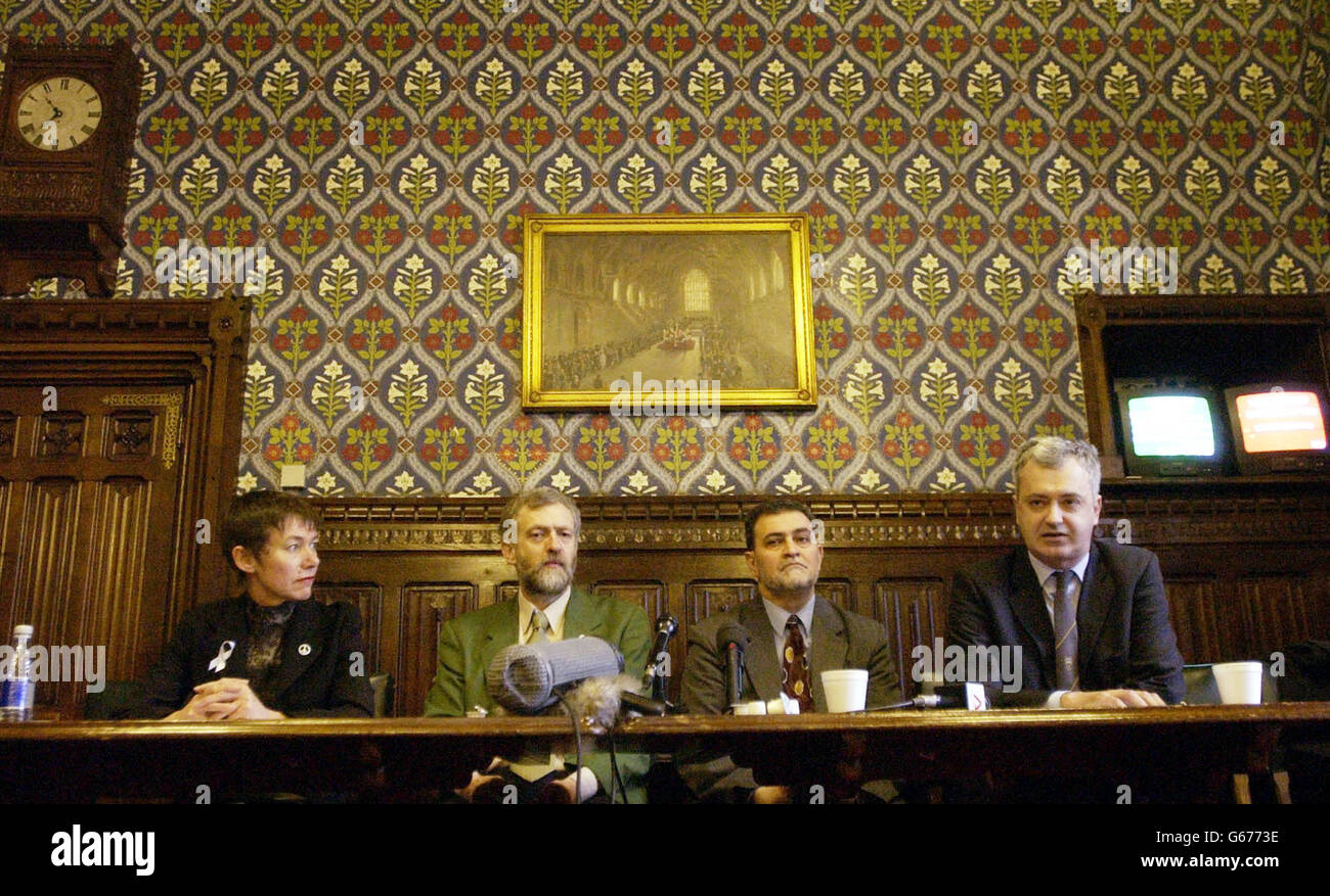 Labour MP for Islington North Jeremy Corbyn (2nd left) chairs a press conference for the 'Don't Attack Iraq' coalition, with CND's Carol Naughton (left), Azzam Tamini from the Muslim Association of Britain (2nd right) and The Chair of the Stop the War Coalition, Andrew Murray (right), at The House of Commons in London. The organisers of the anti-war march due to be held in Central London next Saturday are expecting in excess of half a million people to call upon the Government not to join a US led attack on Iraq. Stock Photo
