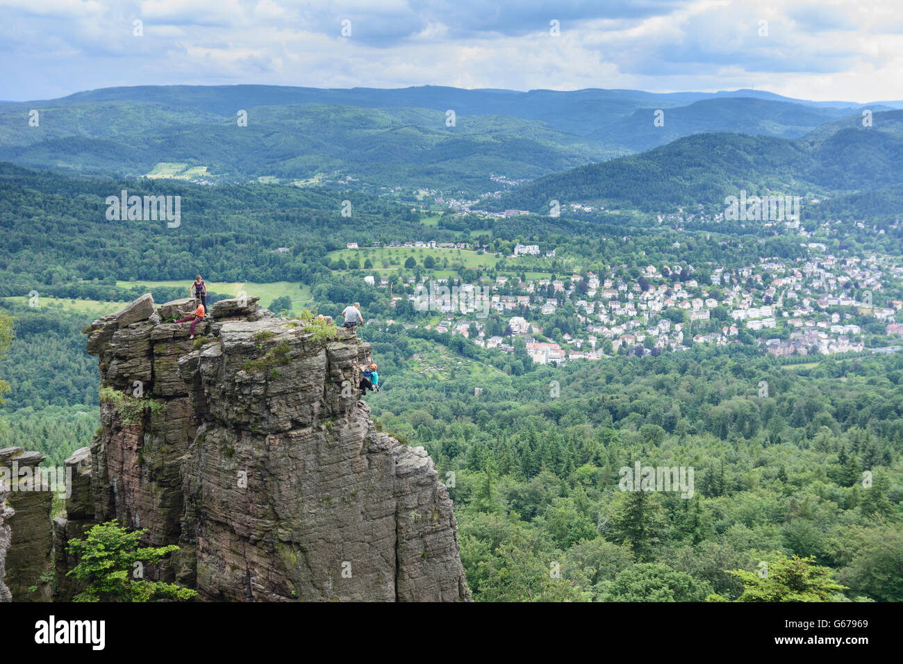 Climbers on the rock Battertfelsen, Baden-Baden, Baden-Baden, Germany, Baden-Württemberg, Schwarzwald, Black Forest Stock Photo