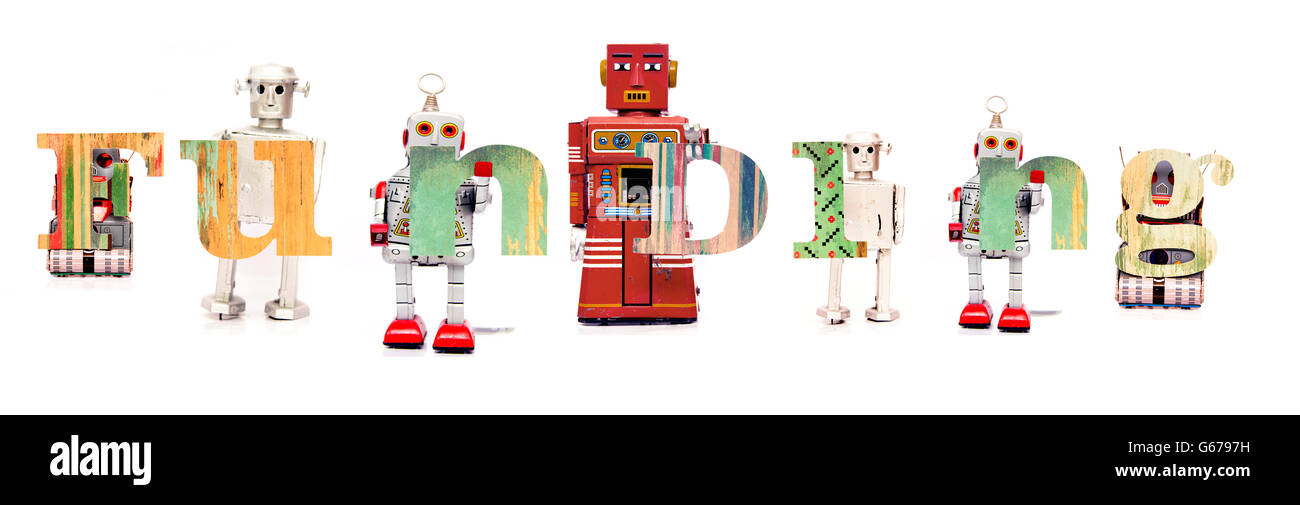 The word funding with retro robot toys Stock Photo