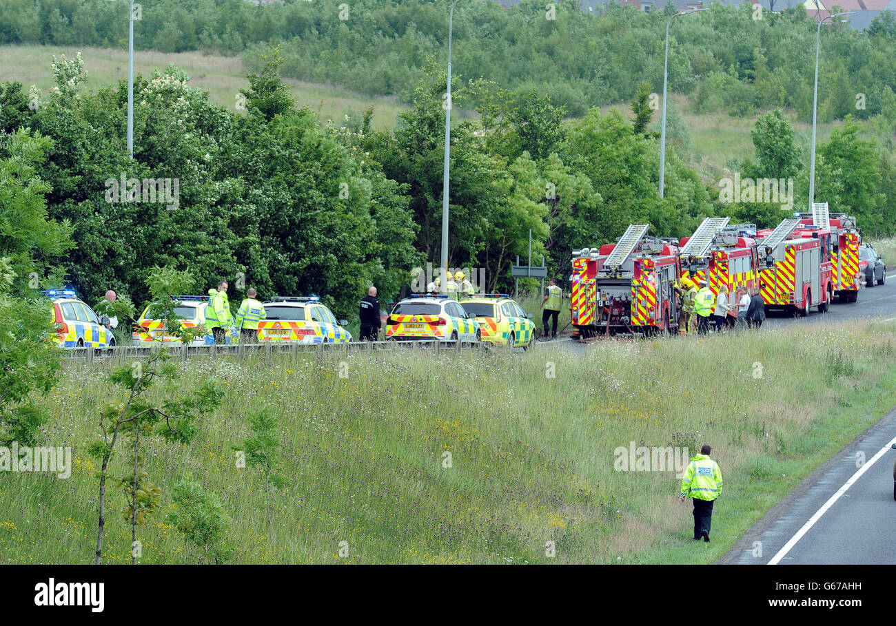 Emergency vehicles by the scene of a road traffic accident on the northbound A1 near Kingston Park in Newcastle today. Stock Photo