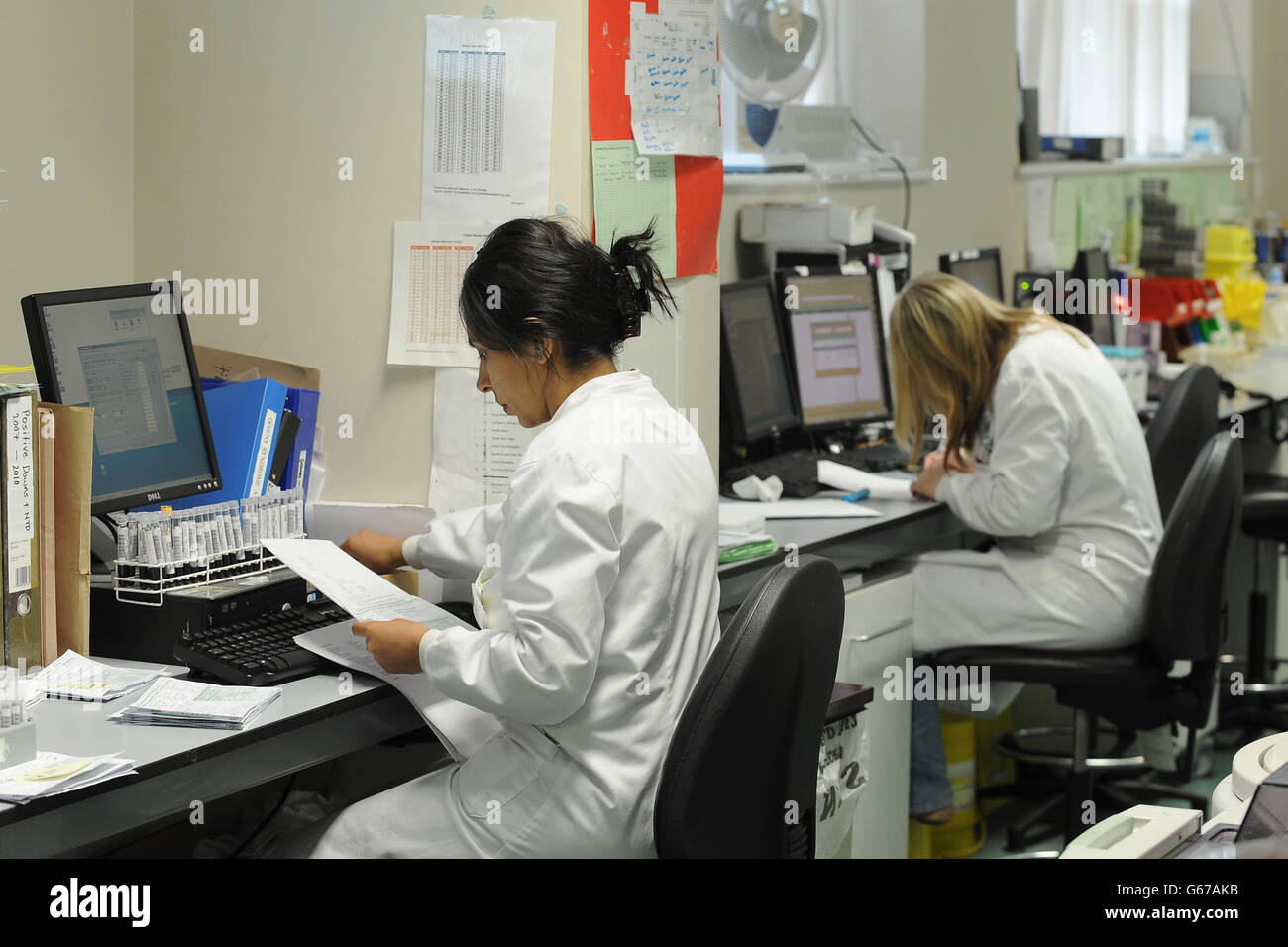 Biochemists analyse blood samples in lab university hospital hires