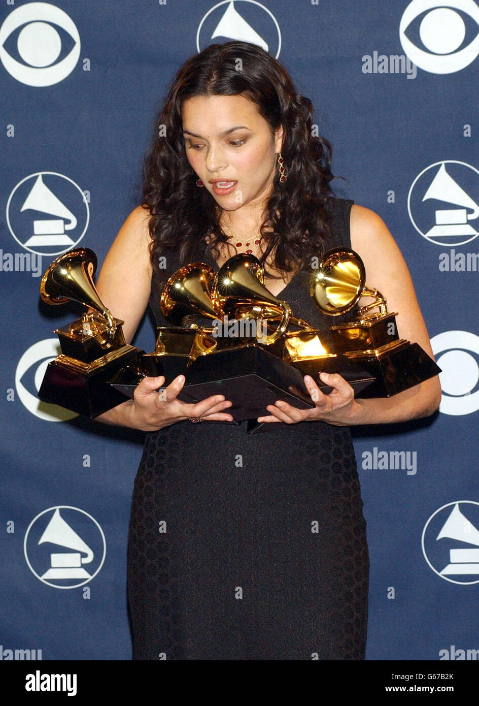 Singer Norah Jones holds her 5 Grammy awards at the 45th Annual Grammy Awards at Madison Square Garden in New York City, USA. Jones won for Record of the Year, Album of the Year (Come Away With Me), Best New Artist. * ... Best Female Pop Vocal Performance and Best Pop Vocal Album. Stock Photo