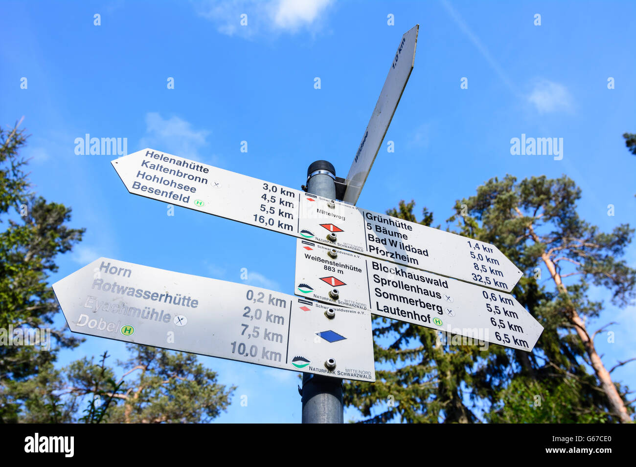 signpost, hiking paths, Gernsbach, Germany, Baden-Württemberg, Schwarzwald, Black Forest Stock Photo