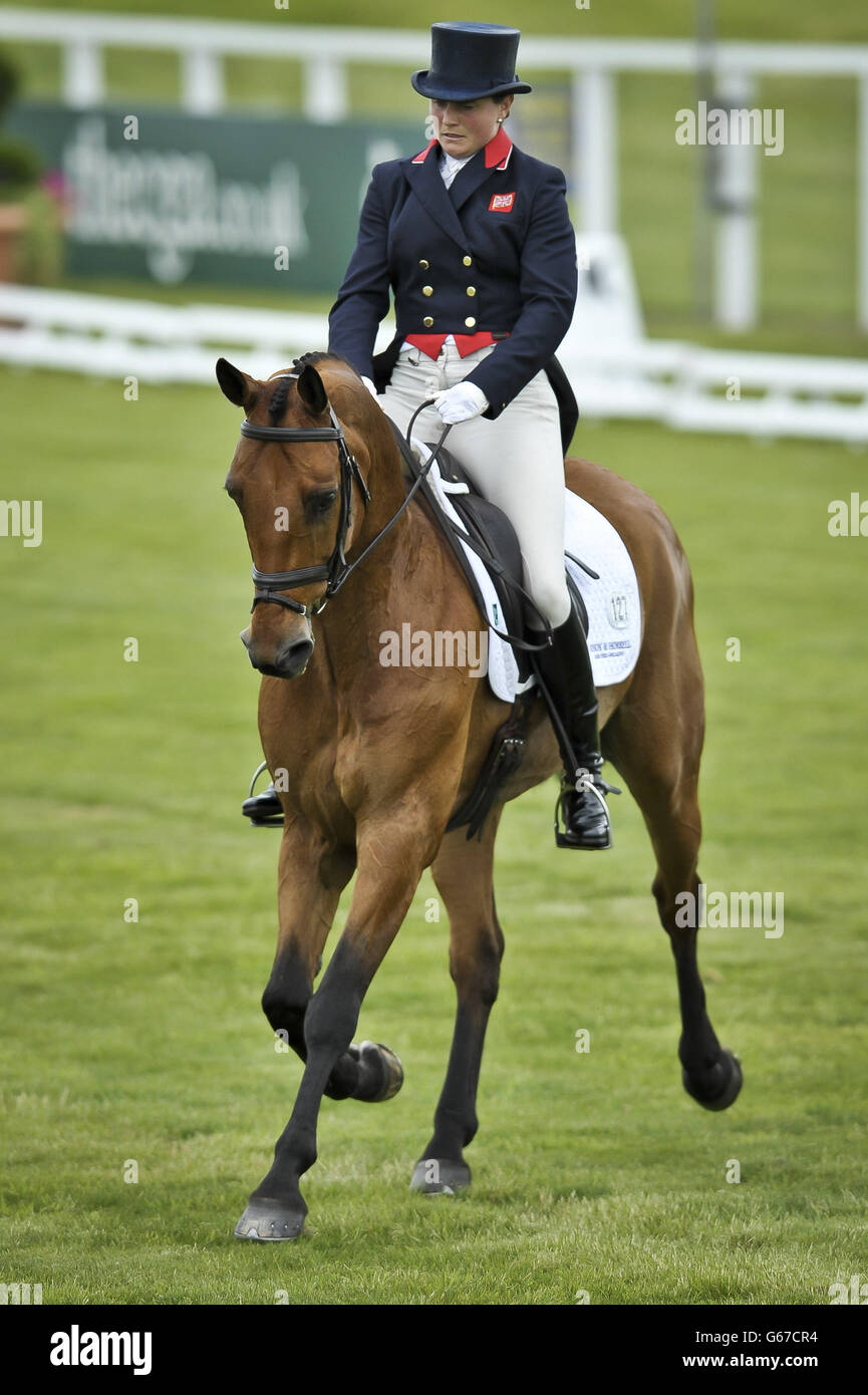 Great Britain's Piggy French performs in the dressage with TINKAS TIME during day one of the Barbury International Horse Trials at Barbury Castle, Wiltshire. Stock Photo