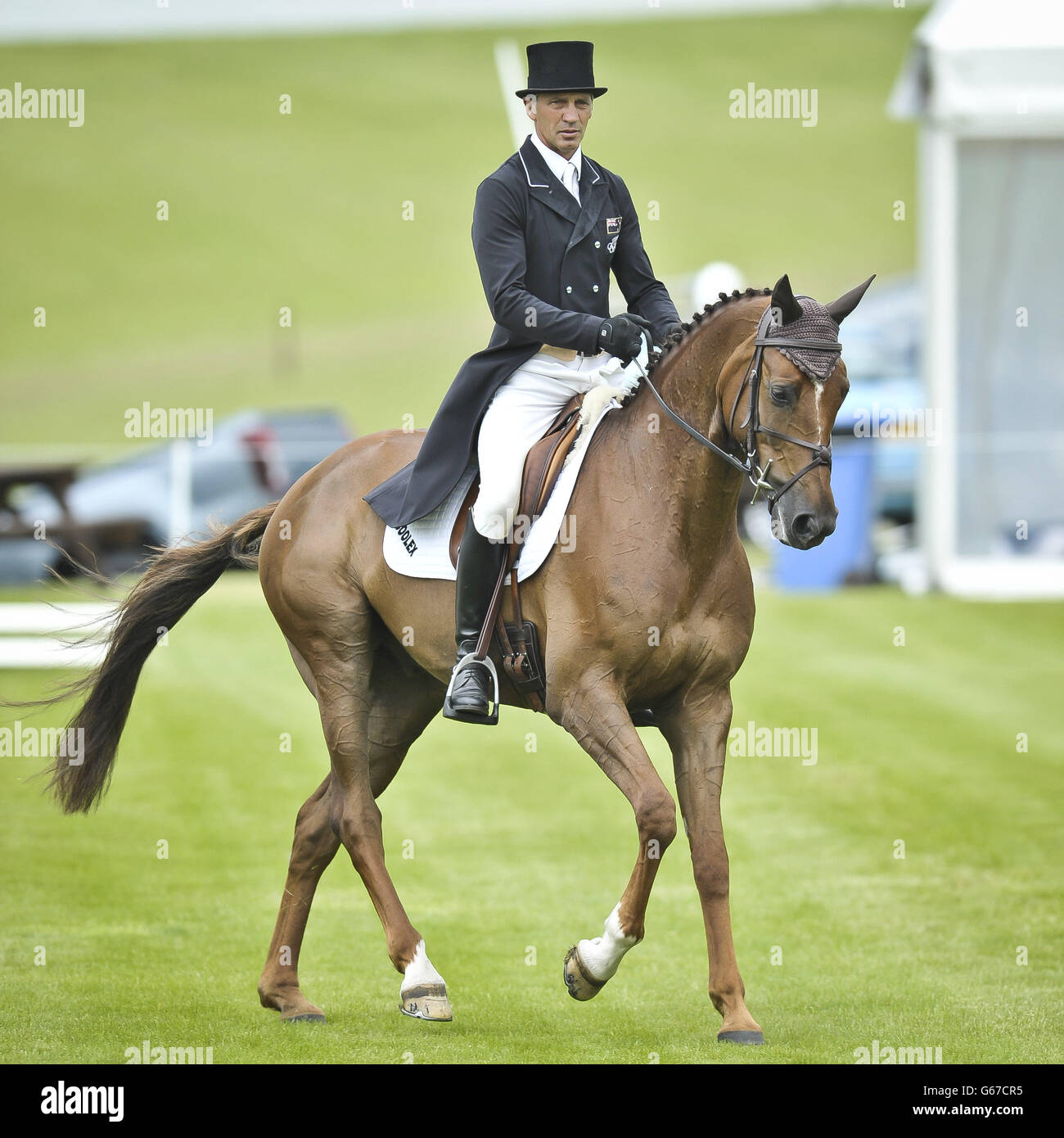 New Zealand's Andrew Nicholson performs in the dressage with TESEO during day one of the Barbury International Horse Trials at Barbury Castle, Wiltshire. Stock Photo