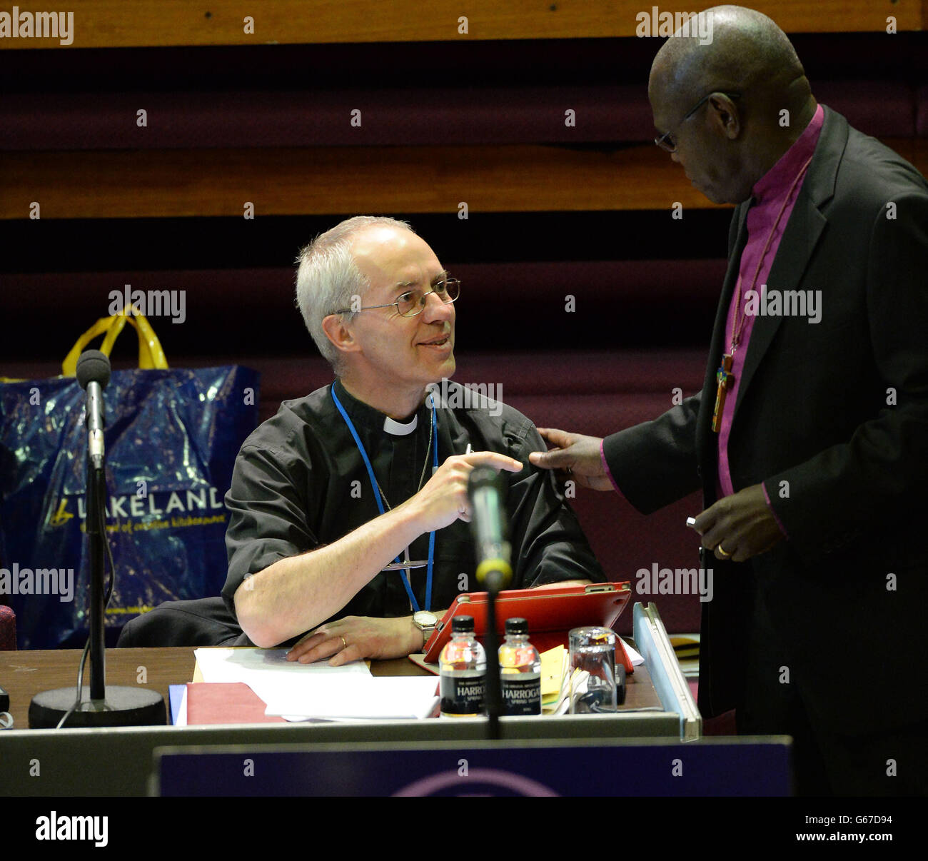 The Archbishop of Canterbury the Most Rev. Justin Welby (left) with Dr John Sentamu, the Archbishop of York (right) at the Church of England General Synod opening session at York University, York. Stock Photo