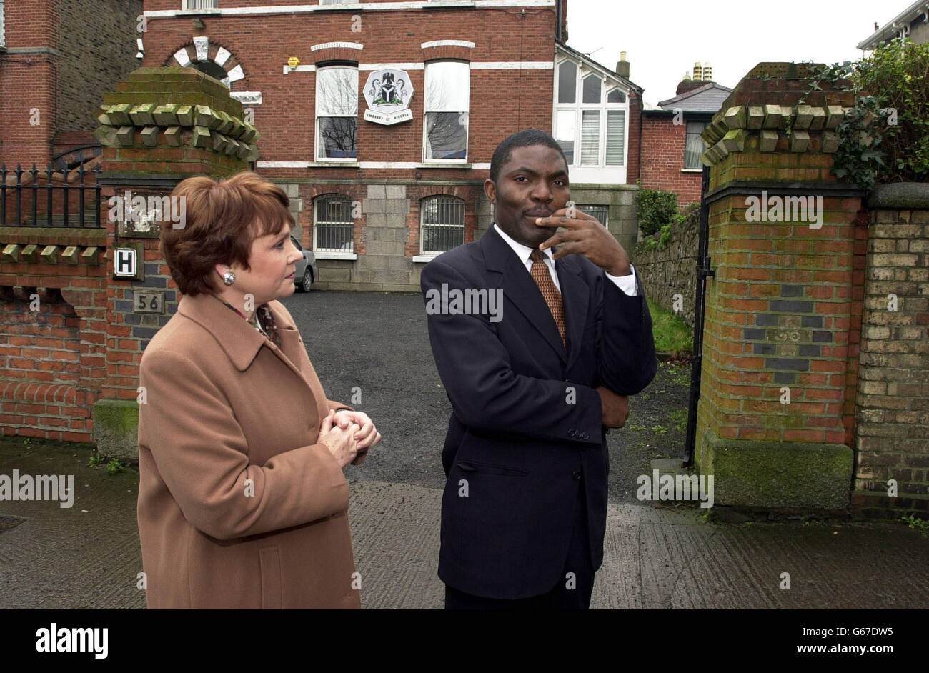 Former Eurovision Song Contest winner Dana (left) and a member of staff from the Nigerian Embassy outside the embassy building in Dublin, . Dana Rosemary Scallon, MEP for Connacht and Ulster, *..was appealing to the Nigerian Ambassador to help save a young mother who faces death by stoning. She handed in a letter appealing for help in the case of Mrs Amina Lawal Kurami, sentenced for having a child out of wedlock after her divorce. Stock Photo
