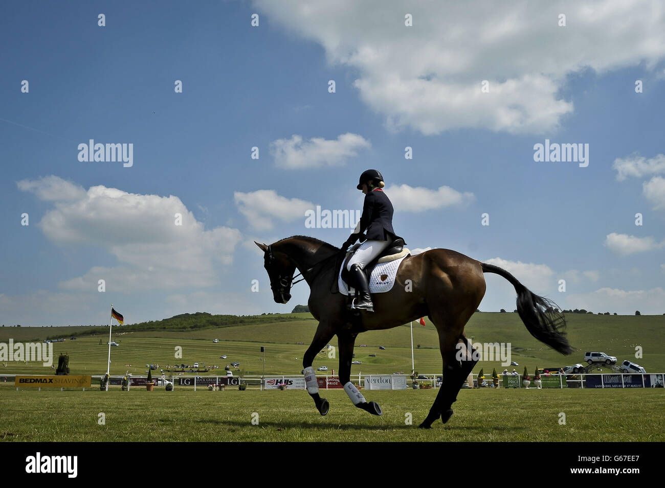 Laura Collett parades in the main arena on former racehorse Kauto Star during day four of the Barbury International Horse Trials at Barbury Castle, Wiltshire. Stock Photo