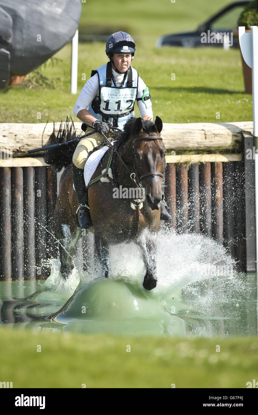 Great Britain's Kitty King in the Hippo Water on Persimmon in the Cross Country during day four of the Barbury International Horse Trials at Barbury Castle, Wiltshire. Stock Photo