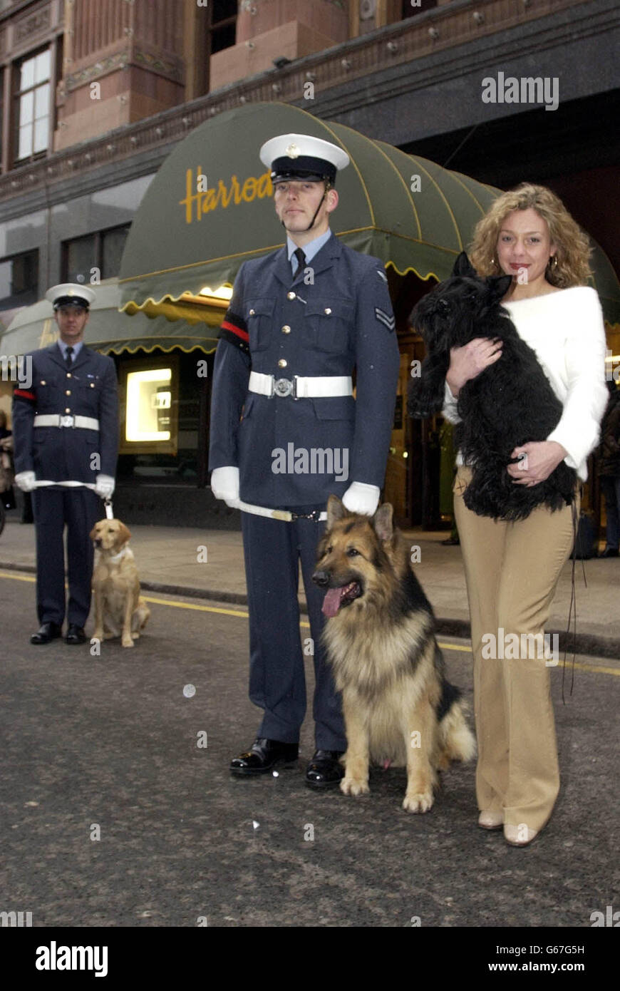 Actress Holly Newman stands outside Harrods in Central London, with Cpl Damien Heartford (centre) and Sgt Paul Bass from the RAF, to help promote an RAF drive to recruit suitable dogs into the Airforce to help protect Airfields and undertake other military activities. Stock Photo