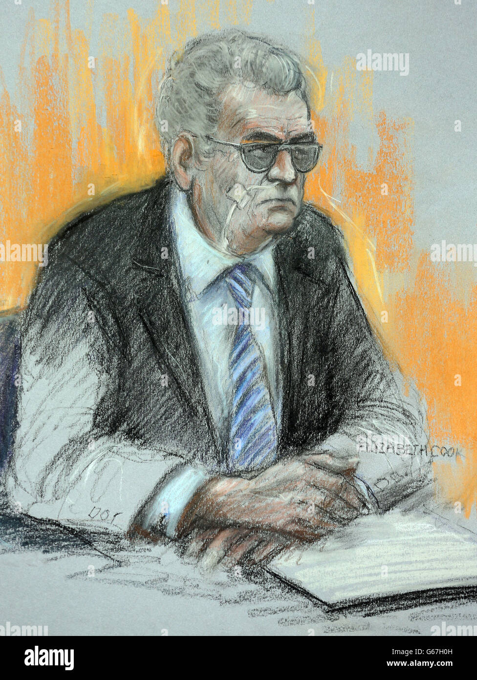 Court artist sketch by Elizabeth Cook of moors murderer Ian Brady appearing via video link at Manchester Civil Justice Centre. Stock Photo