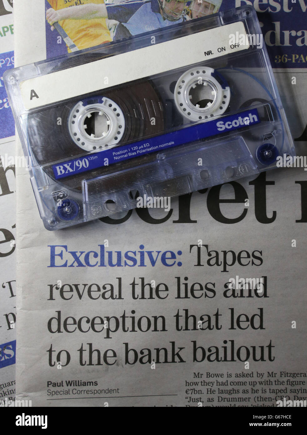 A picture of a cassette tape and the Irish Independent Newspaper as Government ministers were