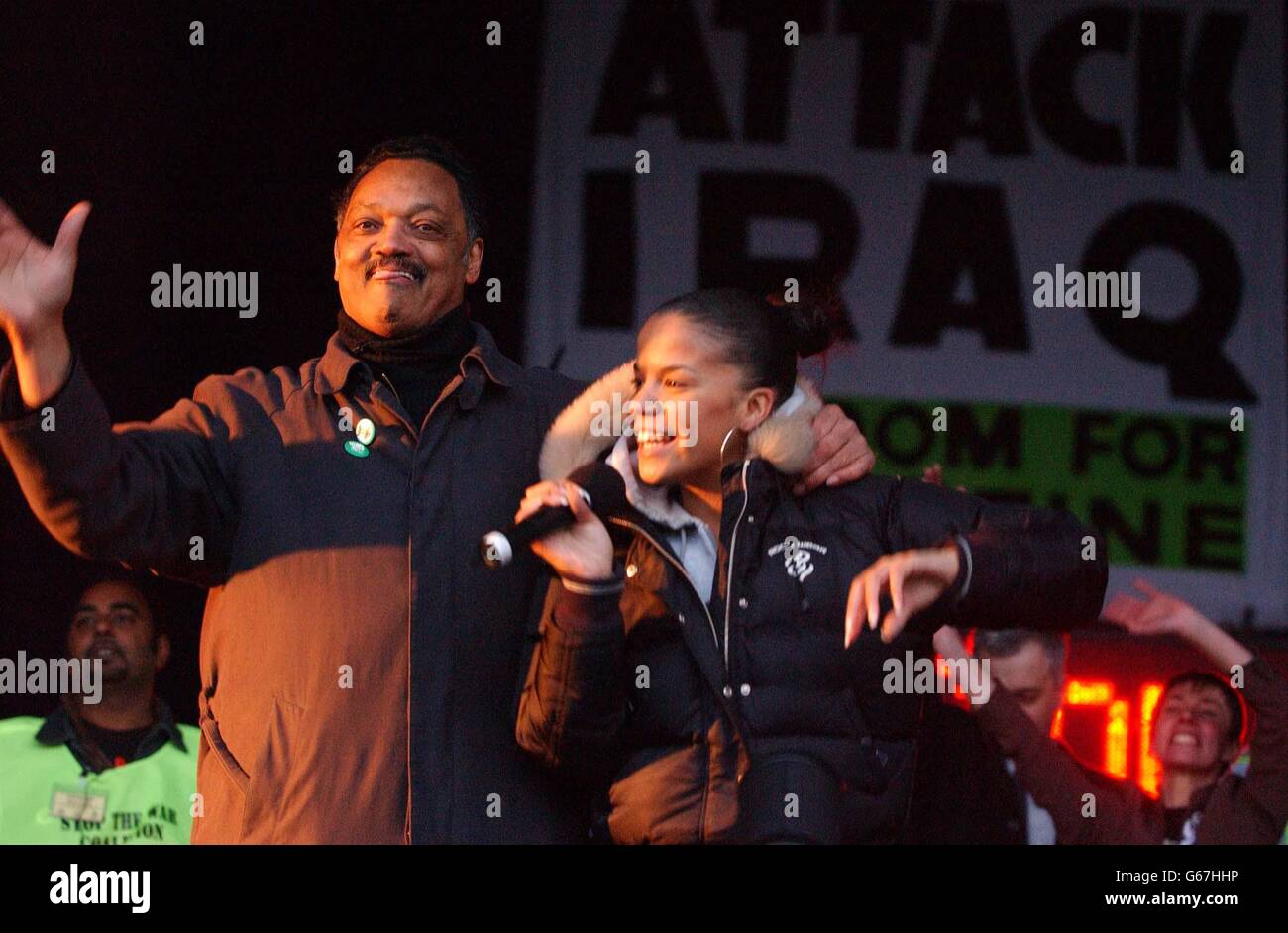 Ms Dynamite and the Rev Jesse Jackson speaking at the anti war demonstration in Hyde Park, London Saturday February 15 2003. Stock Photo