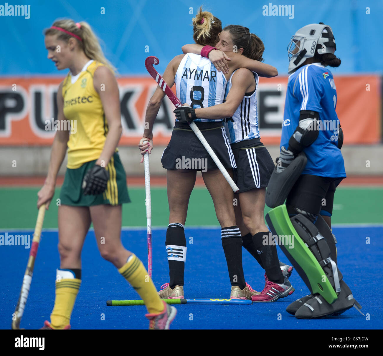 Argentina's Silvina D'Elia celebrates scoring the third goal with Luciana Aymar during quarter finals of the Investec World League Semi Finals, Chiswick. Stock Photo
