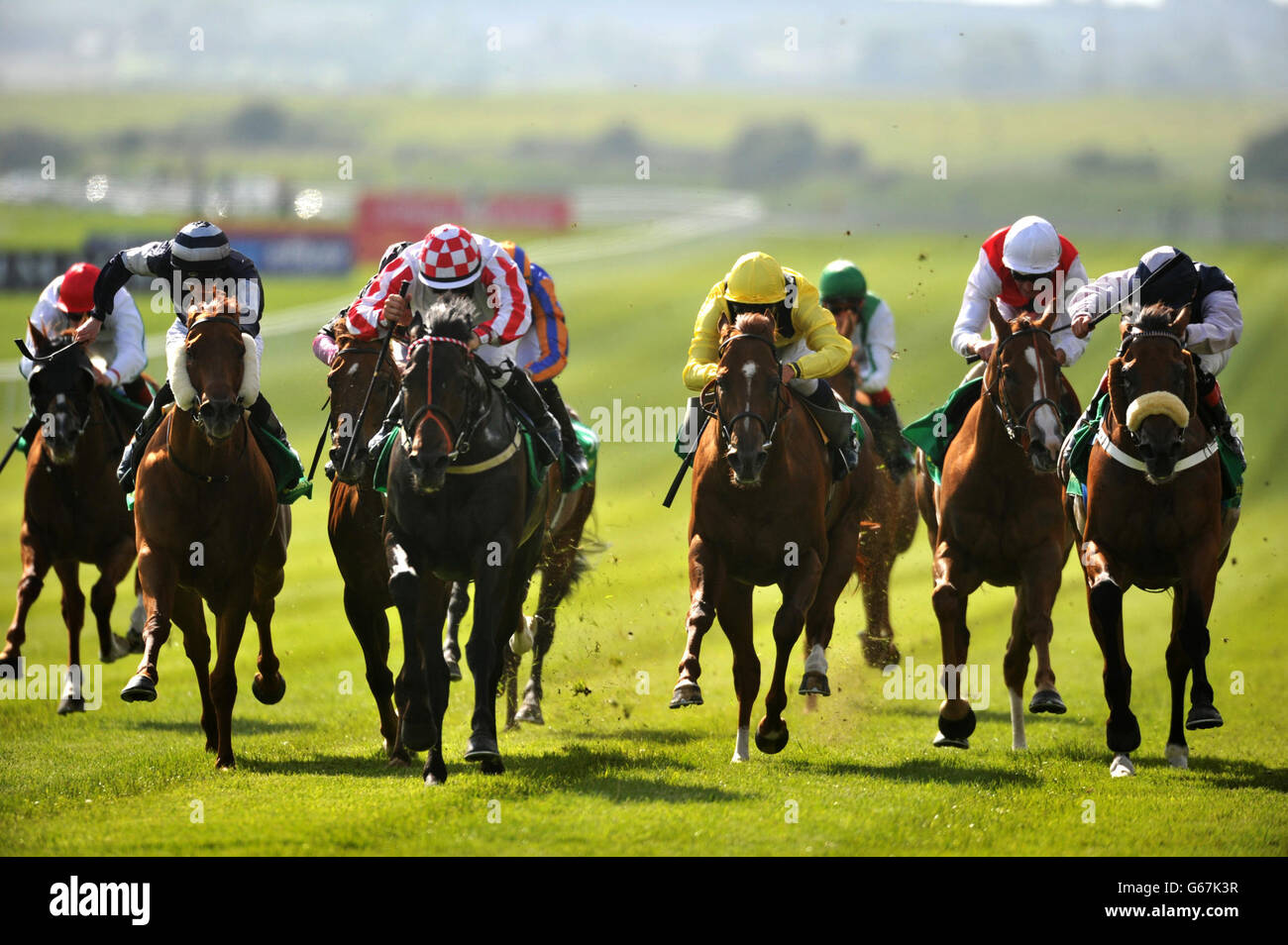 Slade Power ridden by Wayne Lordan (third left) ridden by The Woodies D.I.Y. Sapphire Stakes during Dubai Duty Free Irish Derby Day at Curragh Racecourse in Co. Kildare, Ireland. Stock Photo