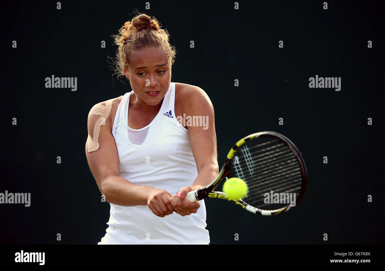 Great Britain's Lana Rush in action against Argentina's Constanza Vega in  the Girl's Single's during day six of the Wimbledon Championships at The  All England Lawn Tennis and Croquet Club, Wimbledon Stock