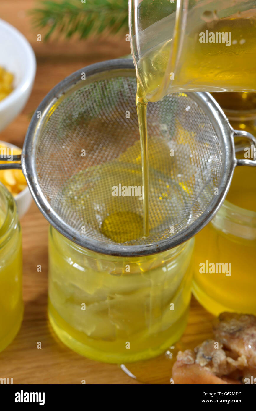 Production spruce resin ointment / (Picea abies) Stock Photo