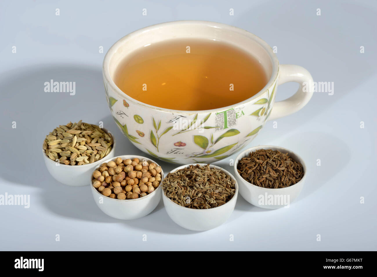 cup of tea with anise, fennel, annual caraway, coriander seed / (Pimpinella anisum, Foeniculum vulgare, Carum carvi, Coriandrum sativum) Stock Photo