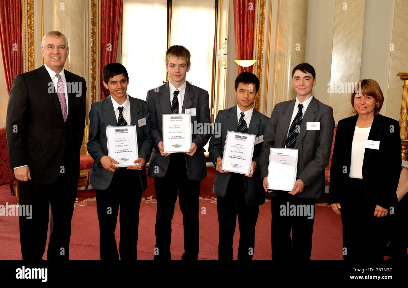The Duke of York with (left to right)Micha De Silva, Philip Bladen, Ethan Yap, Joshua Anderson and Teacher Katherine McKay from the Birkdale School in Sheffield who were winners in the TeenTech awards, after receiving their award certificates from the Duke in Buckingham Palace central London. Stock Photo