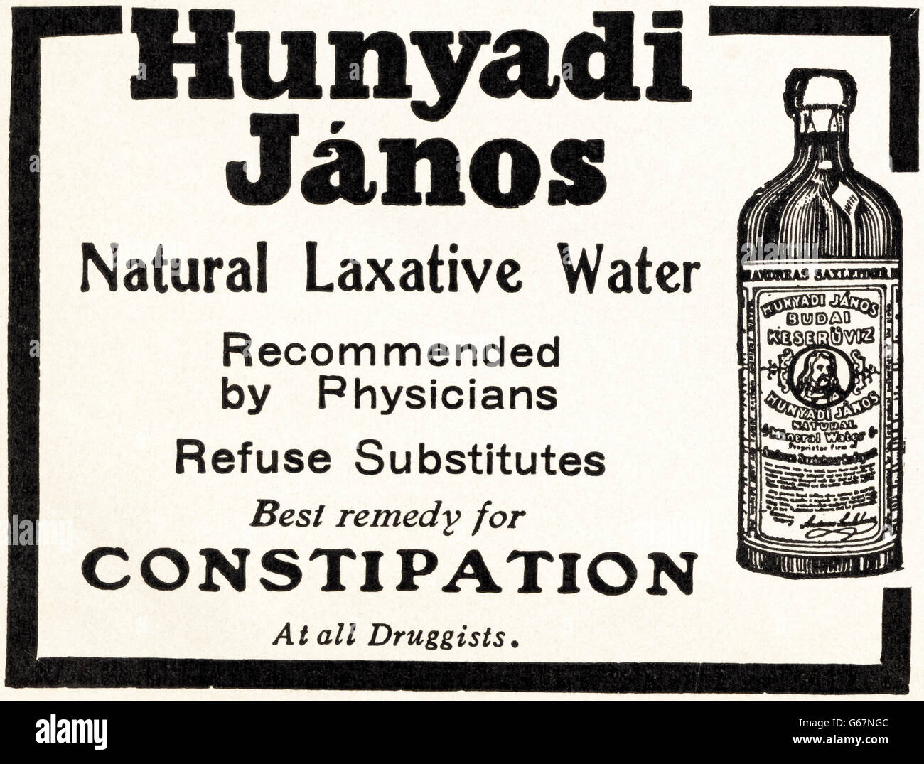 Original old vintage American magazine advert from the Edwardian era dated  1910. Advertisement advertising Hunyadi Janos natural laxative water  recommended for constipation Stock Photo - Alamy