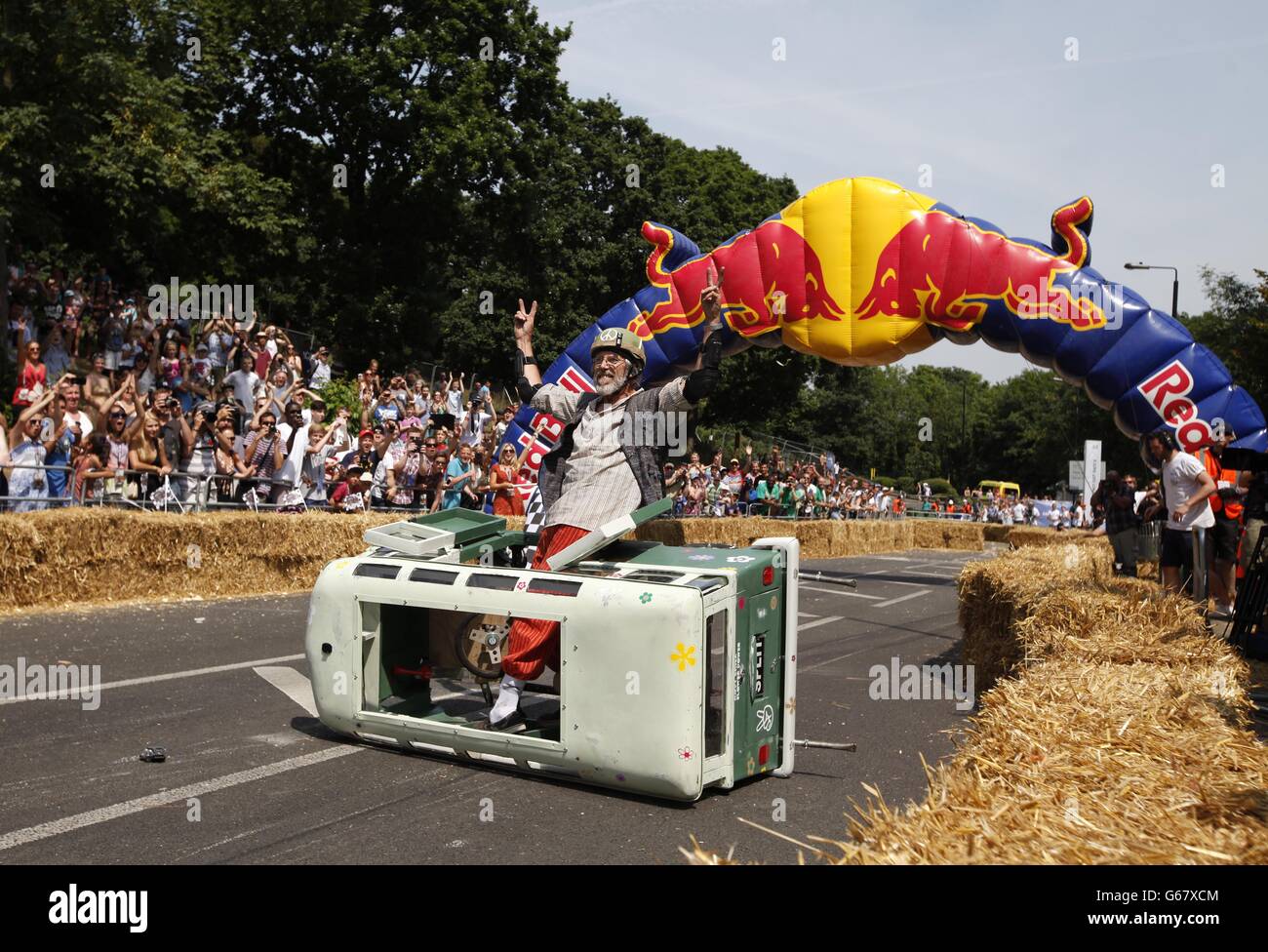 . The Hippy Split Camper Van Team, one of 70 gravity powered vehicles taking part in The Red Bull Soapbox Race at London's Alexandra Palace. Stock Photo