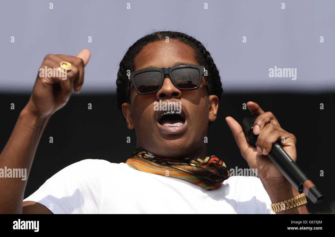 ASAP Rocky performing on the Main Stage at the Yahoo! Wireless Festival, at the Queen Elizabeth Olympic Park in east London. Stock Photo