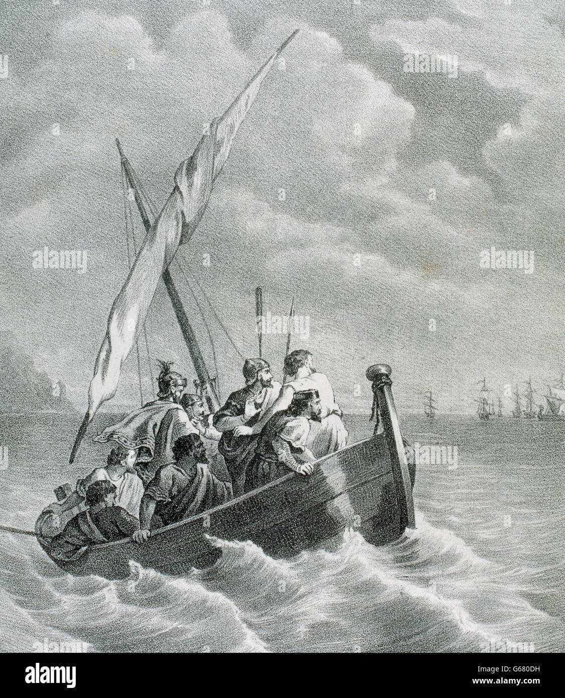 Count Borrell II of Barcelona, Girona, Ausona and Urgell (c. 915-992) escapes from Barcelona after the looting and burning of the city by Almanzor (985). Engraving, 19th century. Stock Photo