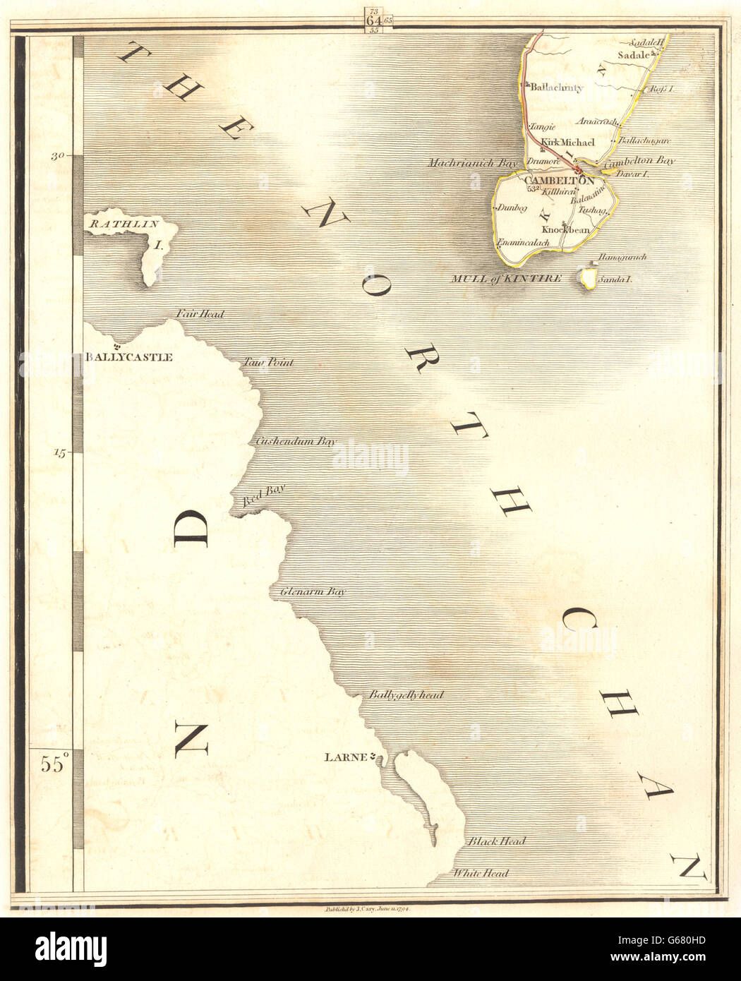 MULL OF KINTYRE: Cambelton. & Ulster: Larne, Ballycastle. CARY, 1794 old map Stock Photo