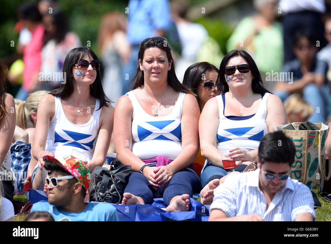 Fans on Murray Mount during day eleven of the Wimbledon Championships at The All England Lawn Tennis and Croquet Club, Wimbledon. Stock Photo