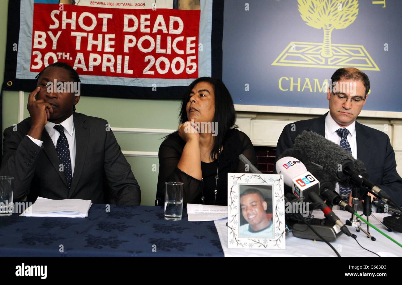 (Left to right) Leslie Thomas from Garden Court Chambers, Azelle Rodney's mother Susan Alexander and Solicitor Daniel Machover as The Azelle Rodney inquiry report is published today. The police marksman who gunned down the 24-year-old robbery suspect had no reason to believe that he had picked up a weapon and there was 'no lawful justification' for shooting him dead, according to the damning official report. Stock Photo