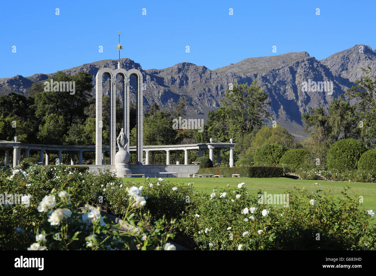 The Huguenot Monument in Franschhoek, Western Cape, South Africa which signifies the cultural influences of huguenots Stock Photo