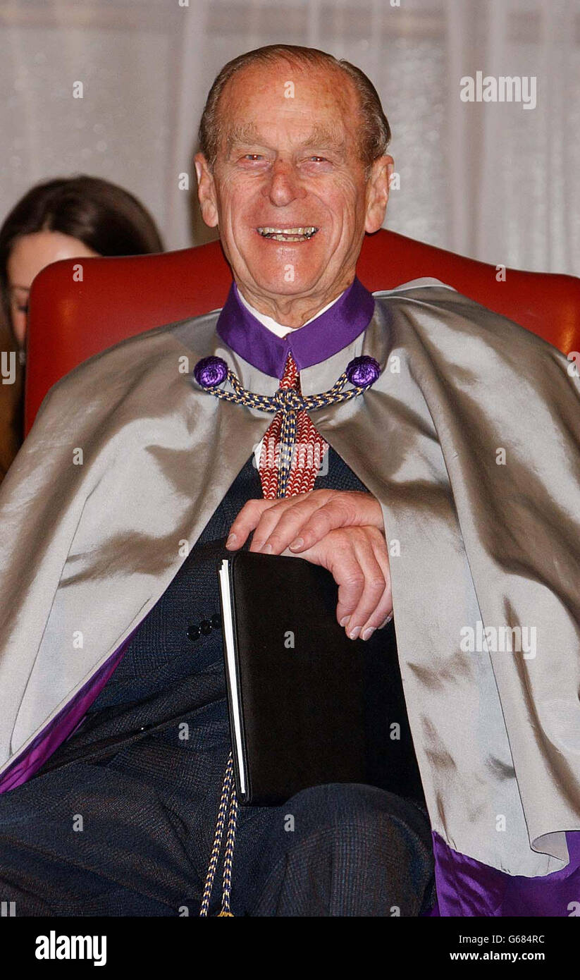 The Duke of Edinburgh wearing the gown of patron from the former London Guildhall University and the North London Universities, which were merged to form the London Metropolitan University. * The 81-year-old Duke was receiving the first honorary Doctorate of Philosophy conferred by the newly created university at a ceremony at the City of London's Mansion House. Stock Photo