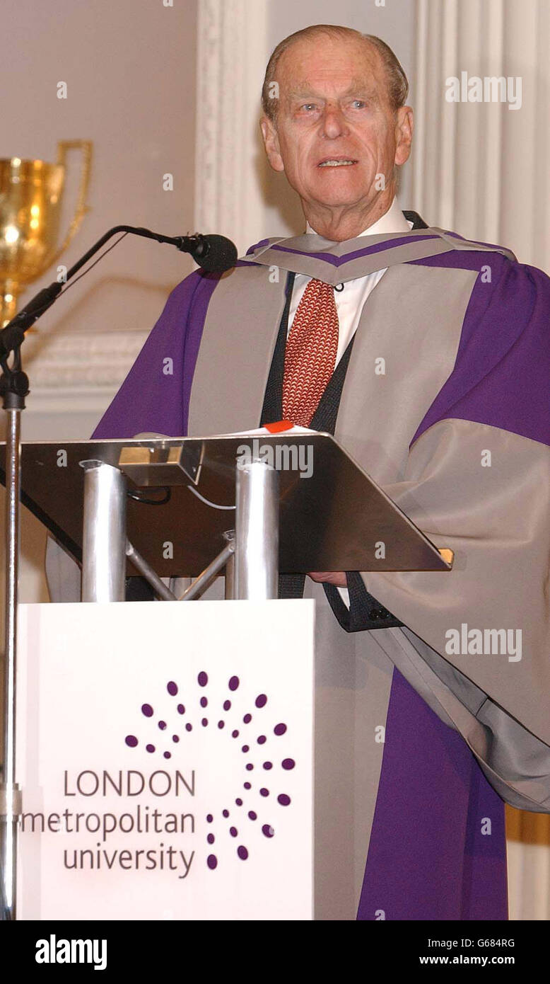 The Duke of Edinburgh wearing the gown of patron from the former London Guildhall University and the North London Universities, which were merged to form the London Metropolitan University. * The 81-year-old Duke was receiving the first honorary Doctorate of Philosophy conferred by the newly created university at a ceremony, at the City of London's Mansion House. Stock Photo