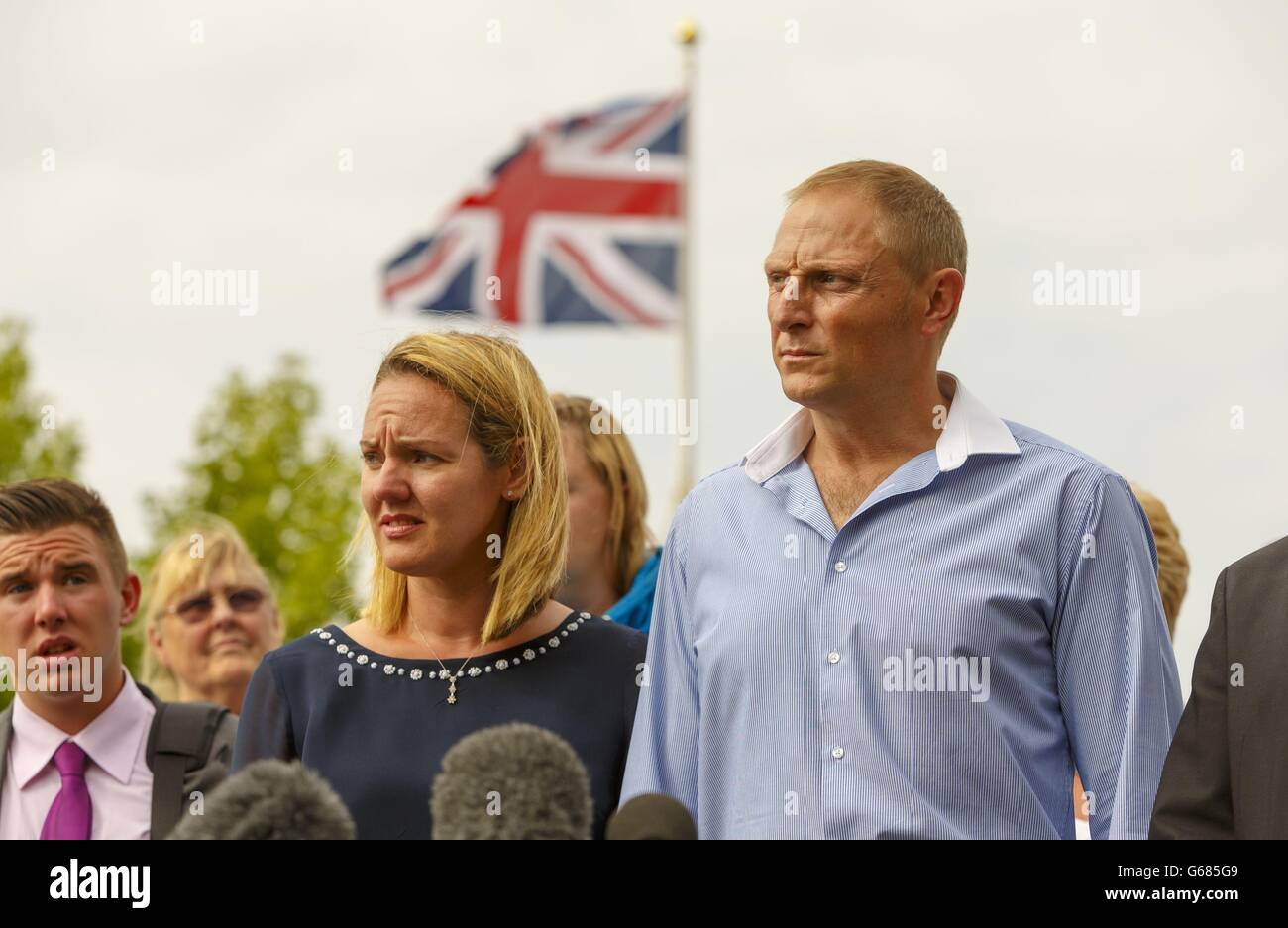 SAS sniper, Sergeant Danny Nightingale with wife Sally speaks to the press as they leave his court martial in Bulford, Wiltshire where he was convicted of possession of a prohibited firearm and possession of 338 rounds of ammunition. Stock Photo