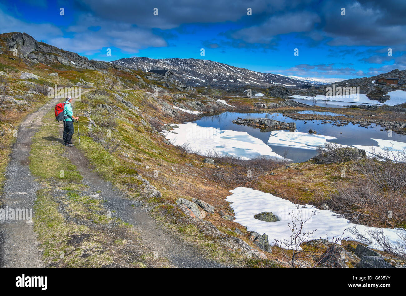 Female hiker with red rucksack walking in wilderness with snowy mountains and frozen lakes Stock Photo