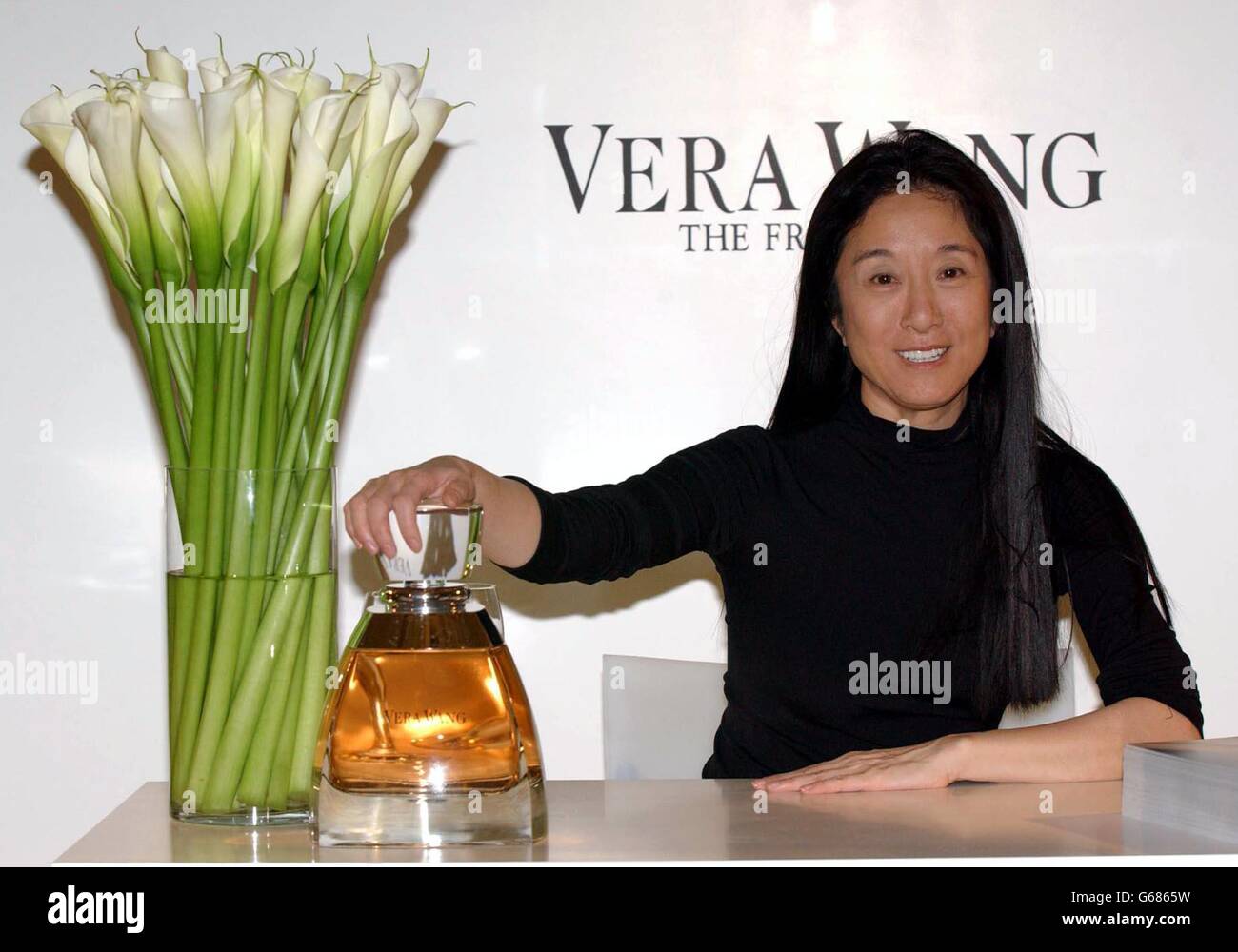 Fashion designer Vera Wang unveils her first signature fragrance at Harrods in west London. Known for her modern bridal and evening wear, Vera's fragrance will be exclusively available at Harrods. Stock Photo