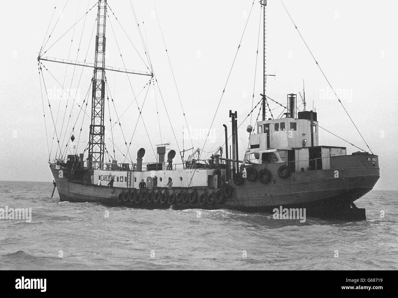The pirate radio ship Mi Amigo, floating home of Radio Caroline, which sank in gale force winds in the Thames Estuary. The crew of four were all rescued with no injuries. Stock Photo