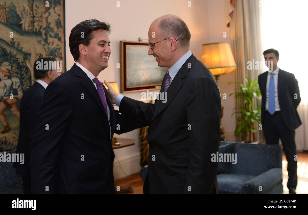 Italian Prime Minister Enrico Letta meets with Labour leader Ed Miliband at the Italian Ambassador's residence in central London today. Stock Photo